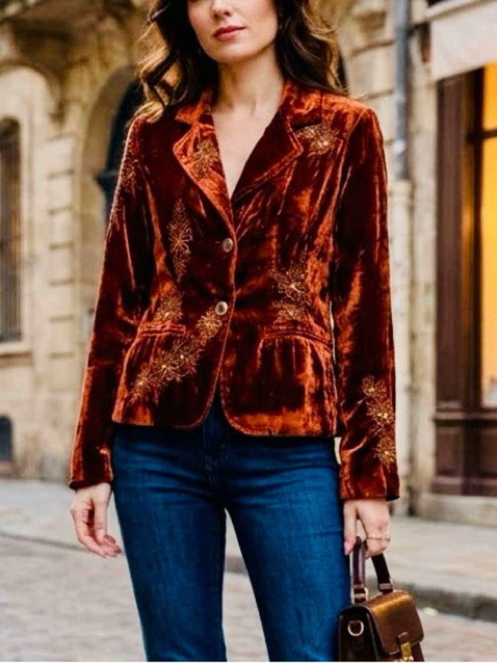 Y2K VTG Coldwater Creek XS Rust Velvet Embroidered Blazer Whimsigoth Boho Jacket